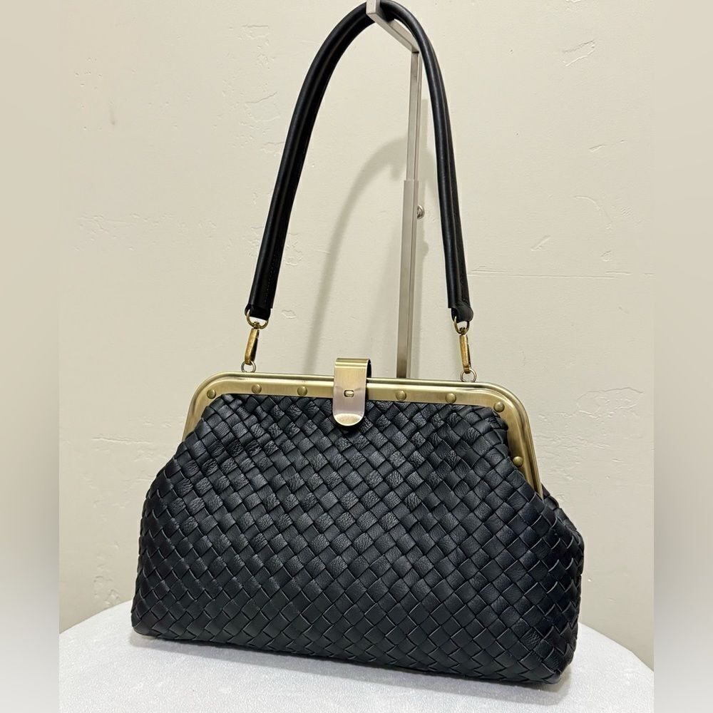 Black Premium Woven Cowhide Retro Metal Frame & Push Lock Handbag, Crossbody
